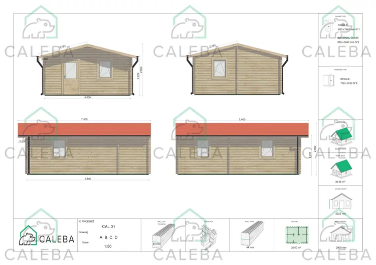 Casa di legno Dalia 35 m², lato A/B/C/D