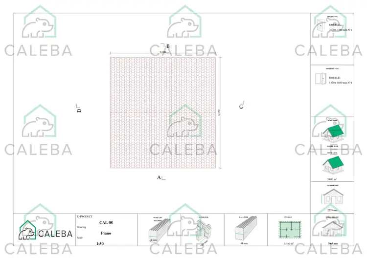 Casetta in legno NELLA con tettoia integrata 35 m², pianta copertura