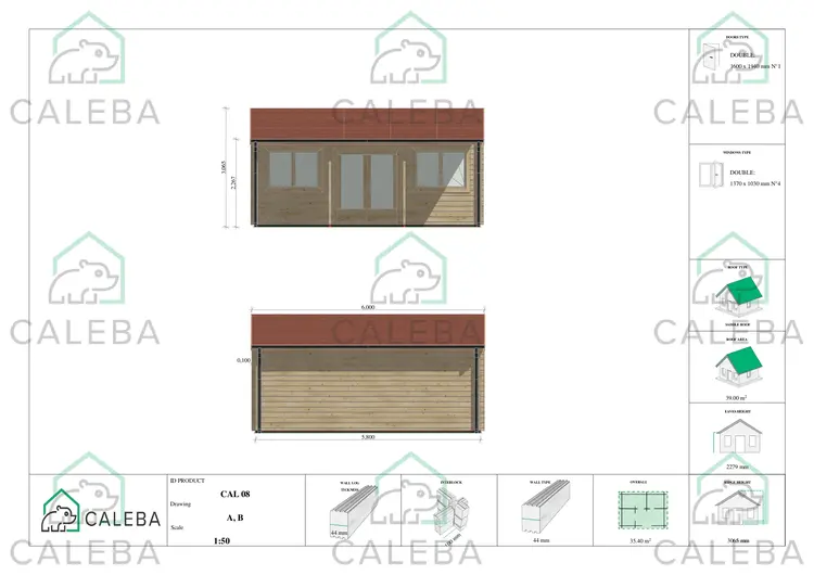 Casetta in legno NELLA con tettoia integrata 35 m², lato A/B