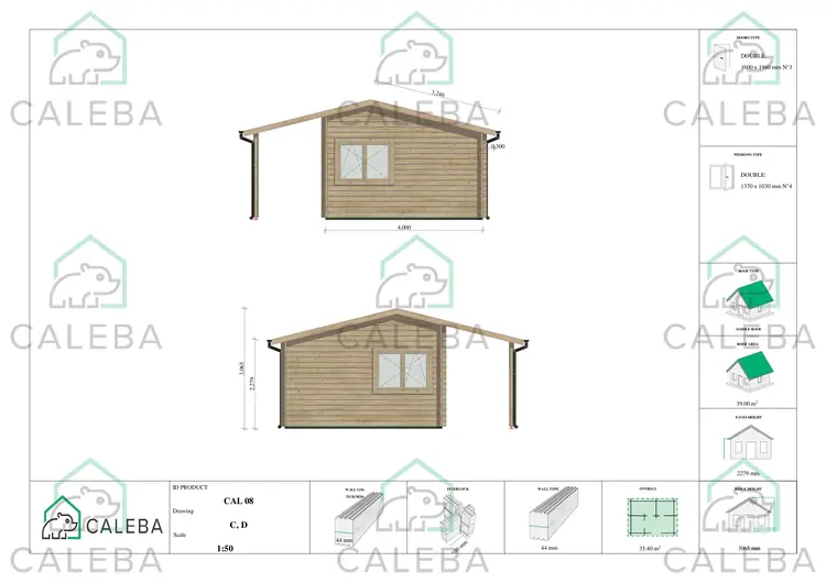 Casetta in legno NELLA con tettoia integrata 35 m², lato C/D