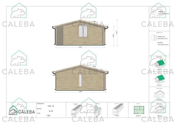 Casa di legno ADELE 48 m², lato C/D