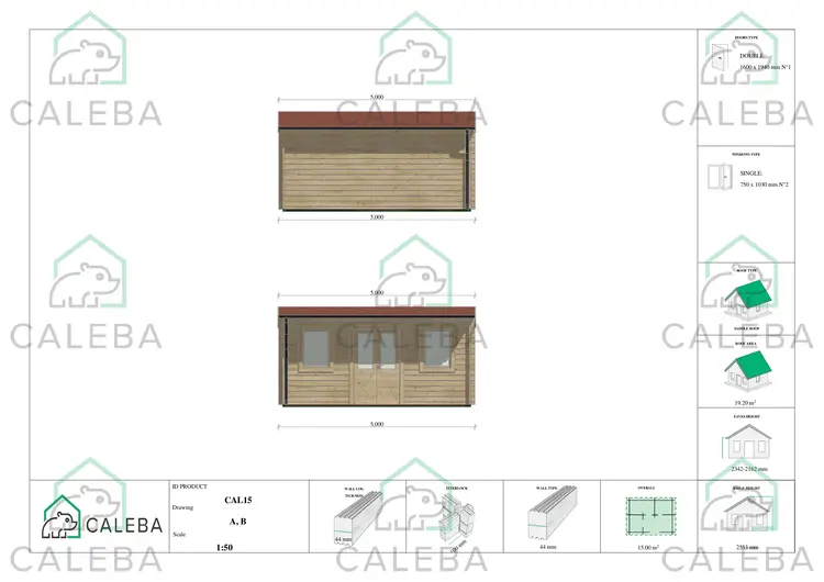 Casa in legno da giardino AZZURRA 15 m², lato A/B