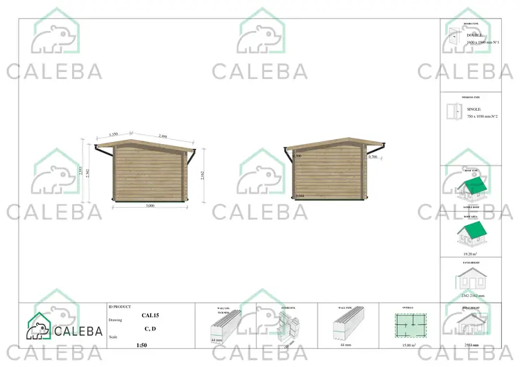 Casa in legno da giardino AZZURRA 15 m², lato C/D