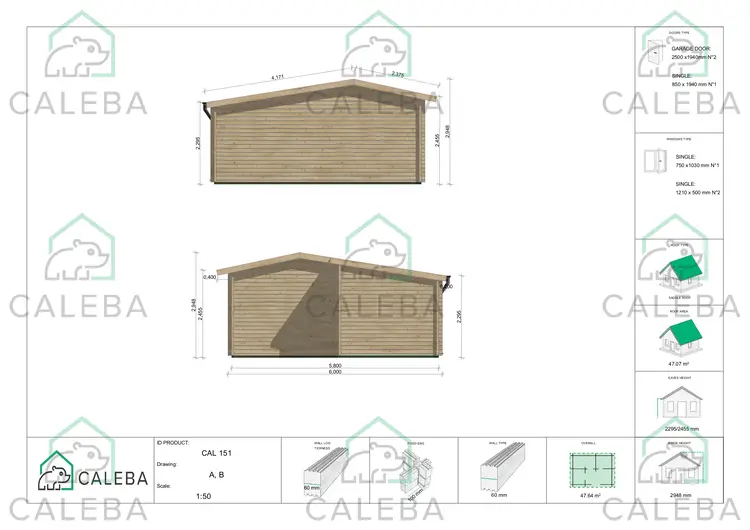 Garage di legno DOPPIO con ripostiglio in legno 43.26 m², lati A/B