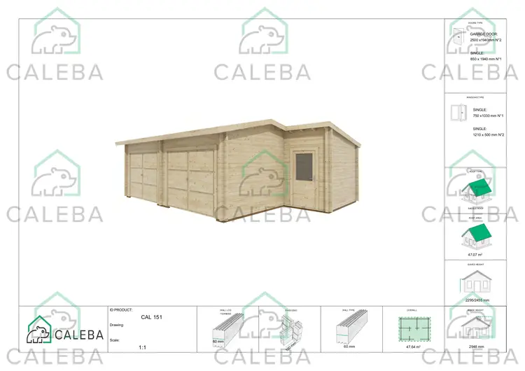 Garage di legno DOPPIO con ripostiglio in legno 43.26 m², lati A/C