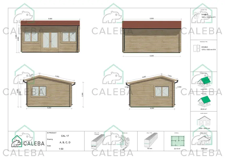 Casetta in legno CAMILLA 23 m², lato A/B/C/D