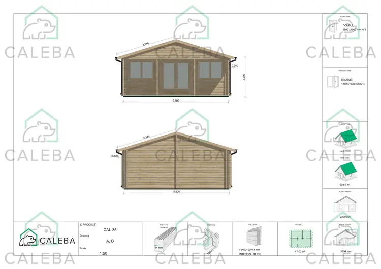 Casa coibentata di legno PERLA 36 m², lato A/B
