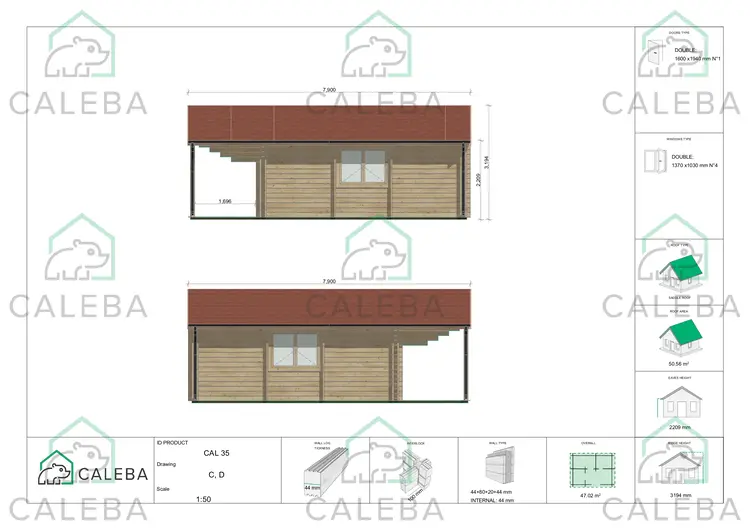 Casa coibentata di legno PERLA 36 m², lato C/D