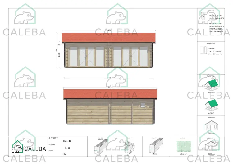Casa di legno AUGUSTA 48 m², lato A/B
