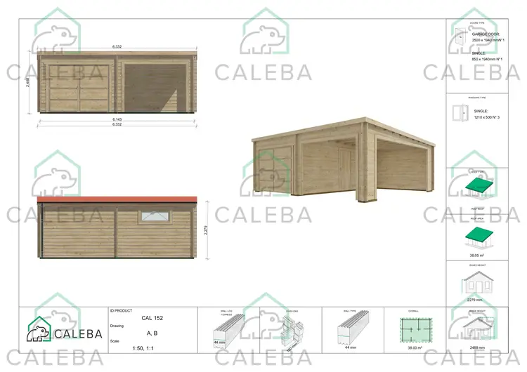 Garage di legno con tettoia mono falda 38 m², lati A/B