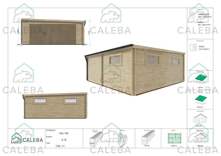 Garage di legno con tettoia mono falda 38 m², lati C/D