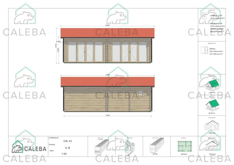 Casa di legno AUGUSTA 48 m² 60mm, lato A/B