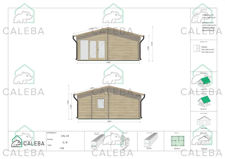 Casa di legno AUGUSTA 48 m² 60mm, lato C/D