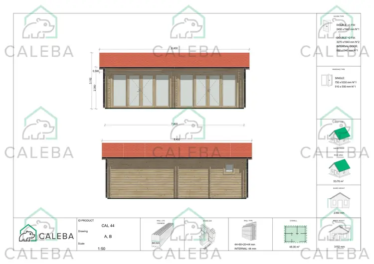 Casa in legno coibentata AUGUSTA 48 m², lato A/B