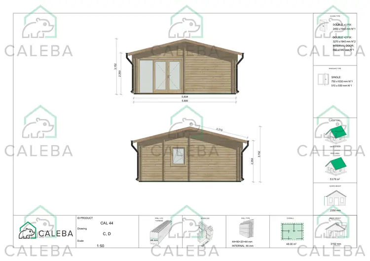 Casa in legno coibentata AUGUSTA 48 m², lato C/D