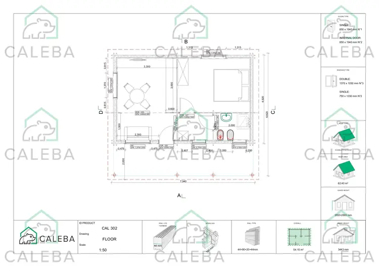 Casa coibentata per campeggi EMMA 54.15 m², planimetria