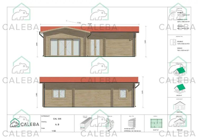 Casa coibentata in legno a L TANIA 52.97 m², lati A/B