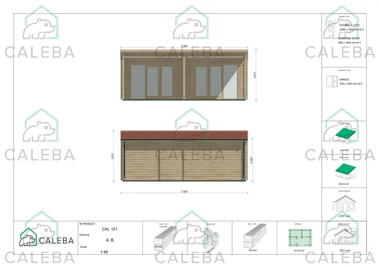 Casa in legno con portico ALICE 44.8 m², lati A/B