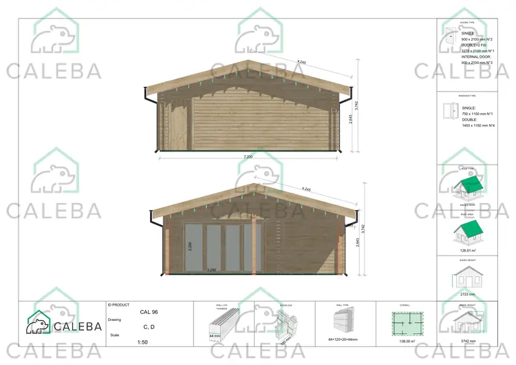 Casa di legno prefabbricata con 5 stanze EVA, lati C/D