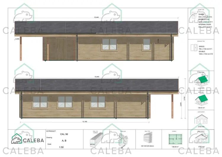 Casa di legno prefabbricata con 5 stanze EVA, lati A/B