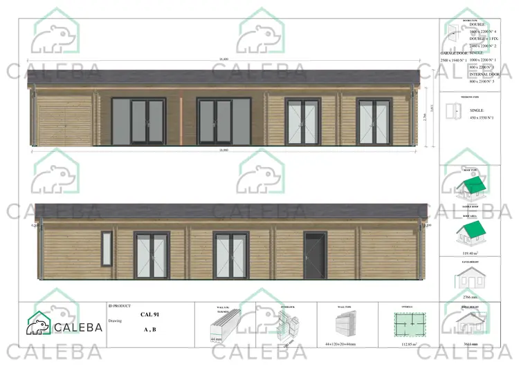 Casa in legno prefabbricata con garage CLOE, lati A/B