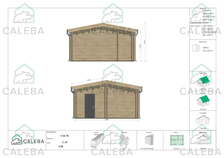 Casa in legno prefabbricata con garage CLOE. lati C/D