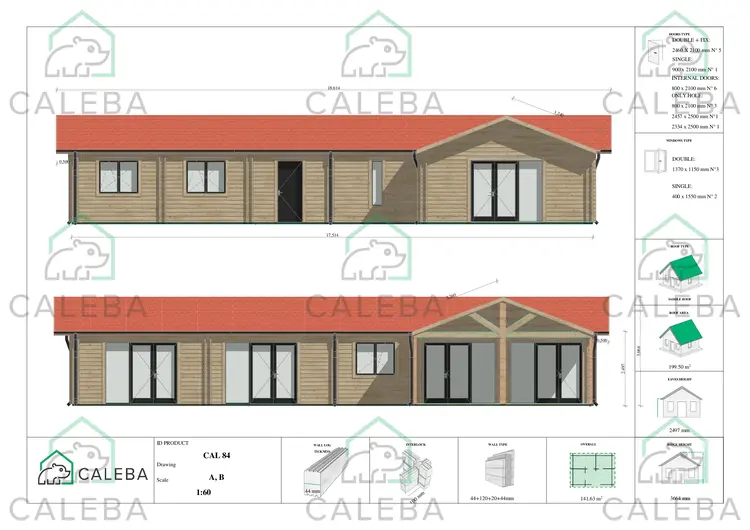 Casa di legno prefabbricata con tetto spiovente ISOTTA, lati A/B