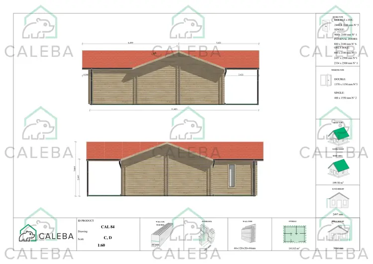 Casa di legno prefabbricata con tetto spiovente ISOTTA, lati C/D