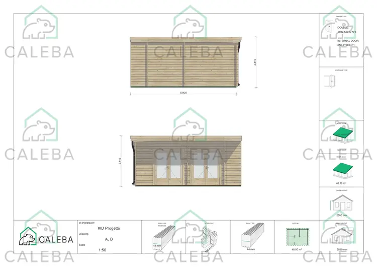 Casa di legno FLAMINIA 48 m², lati A/B