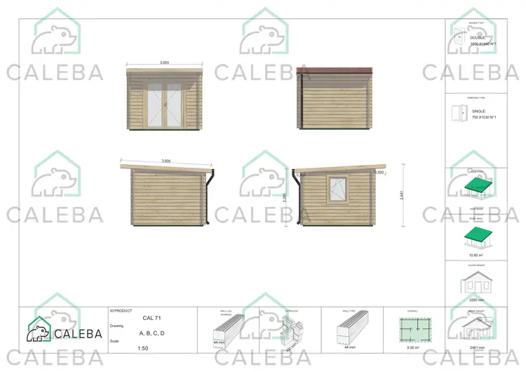 Casetta in legno ILARIA 9 m², lati A/B/C/D