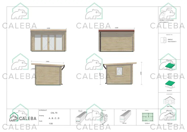 Casa in legno da giardino ILARIA 12 m², lati A/B/C/D