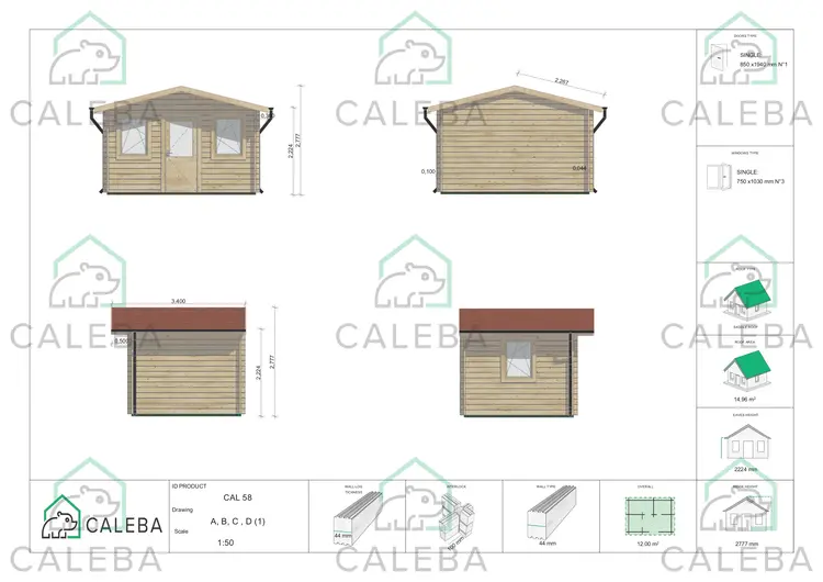 Casetta in legno CHIARA 12 m², lati A/B/C/D
