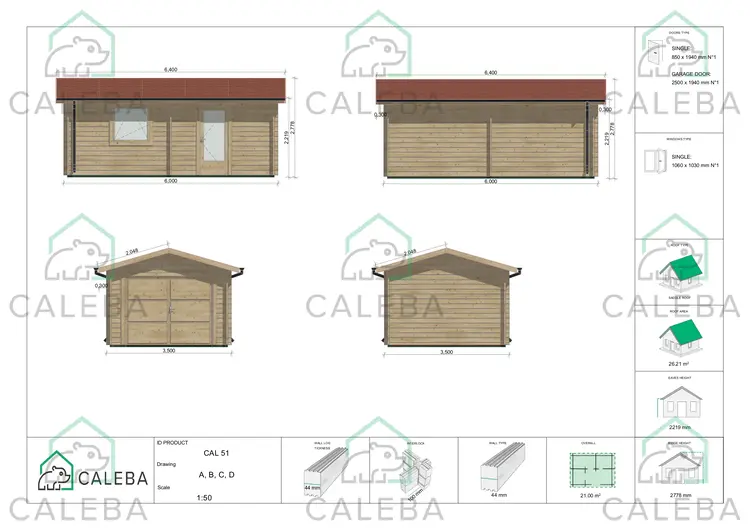 Garage di legno SINGOLO 21 m², lato A/B/C/D