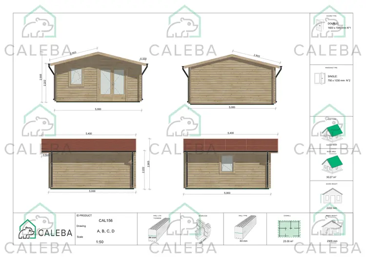 Casa in legno da giardino MATILDE 25 m², lati A/B/C/D