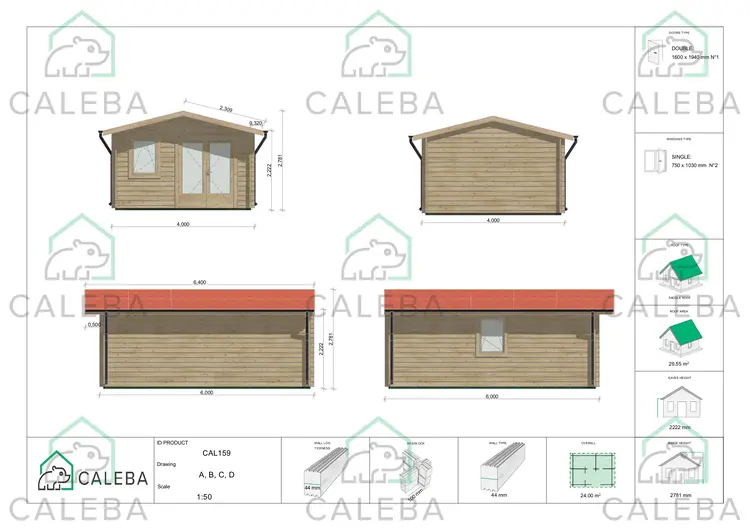 Casa in legno da giardino MATILDE 24 m², lati A/B/C/D