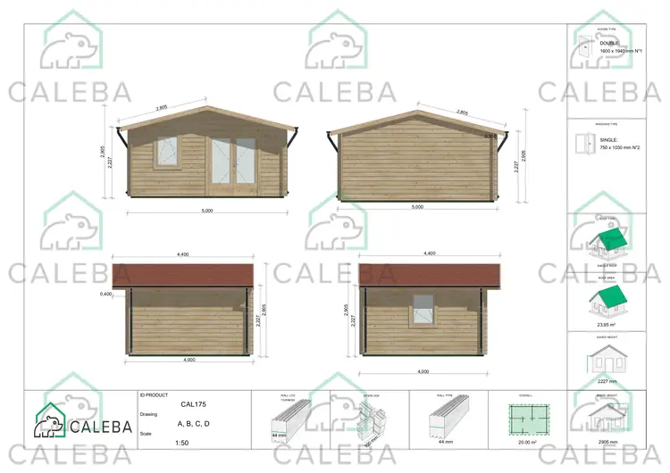 Casa in legno da giardino EMILY 20 m², lati A/B/C/D