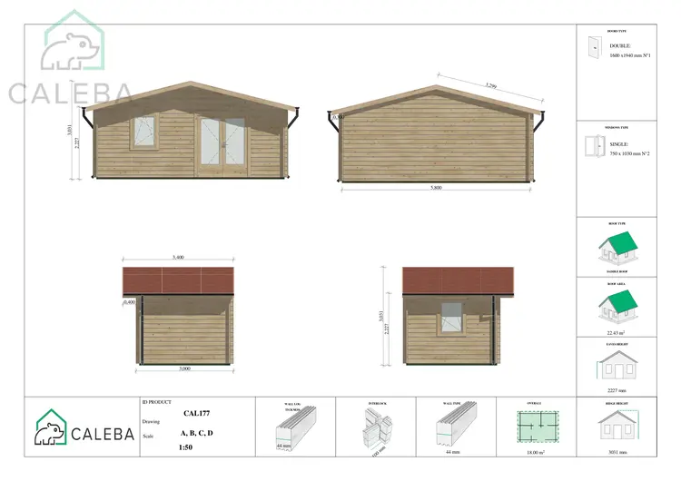 Casa in legno da giardino EMILY 18 m², lati A/B/C/D