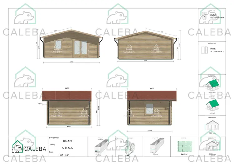 Casetta in legno EMILY 24 m², lati A/B/C/D
