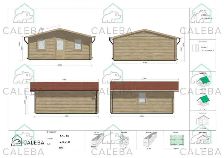 Casa in legno CHIARA 36 m², lati A/B/C/D
