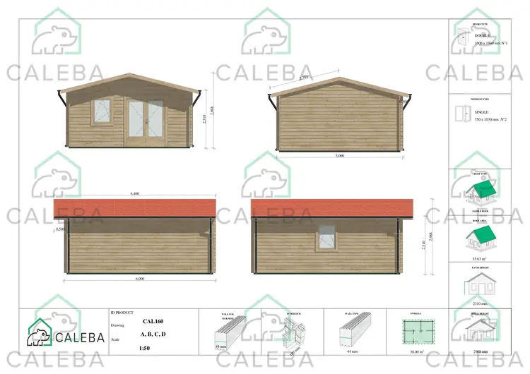 Casetta in legno MATILDE 30 m², lati A/B/C/D