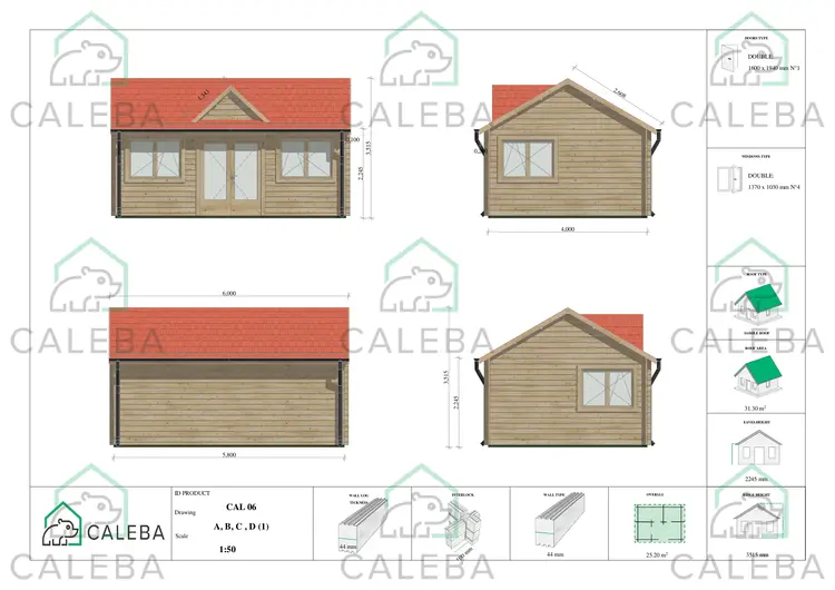 Casa in legno da giardino VIOLA 25.2 m², lato A/B/C/D