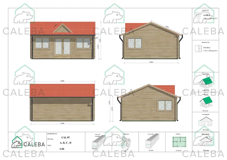 Casa in legno da giardino VIOLA 31.2 m², lato A/B/C/D