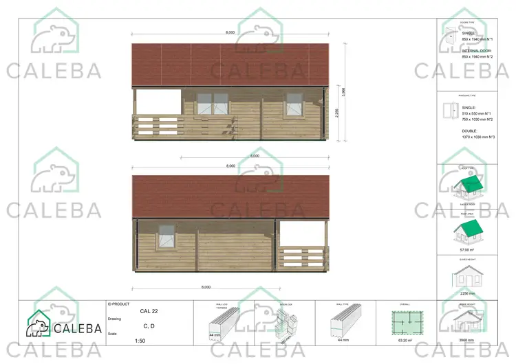 Casa in legno SMERALDA con mezzanino calpestabile e terrazza 63.20 m², lato C/D