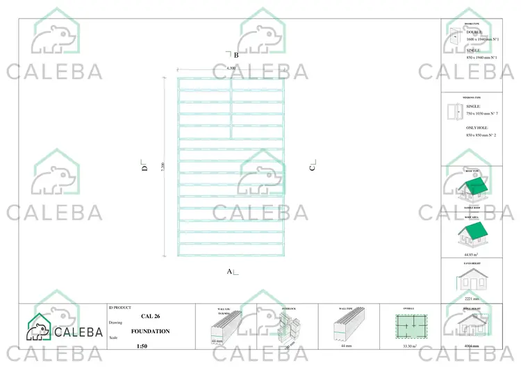 Casa di legno con portico e mezzanino GAIA 33.30 m², piano fondazione