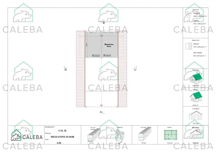 Casa di legno con portico e mezzanino GAIA 33.30 m², planimetria secondo piano