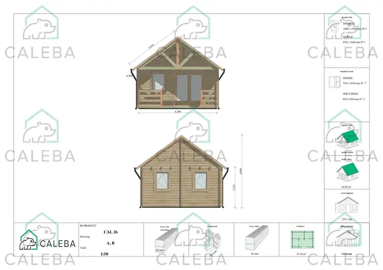 Casa di legno con portico e mezzanino GAIA 33.30 m², lato A/B