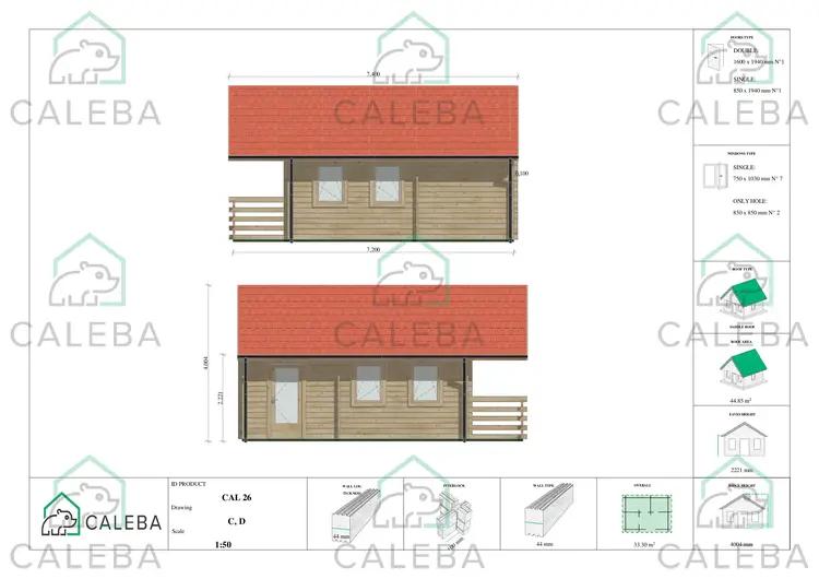 Casa di legno con portico e mezzanino GAIA 33.30 m², lato C/D