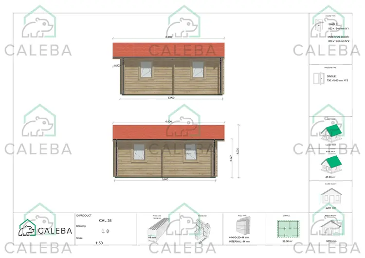 Casa di legno coibentata IRMA 36 m², lato C/D