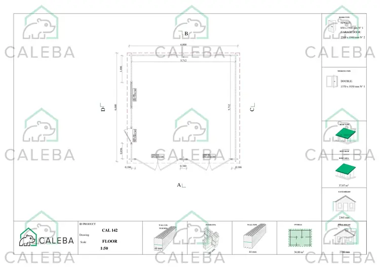 Garage in legno doppio a monofalda 36 m², planimetria
