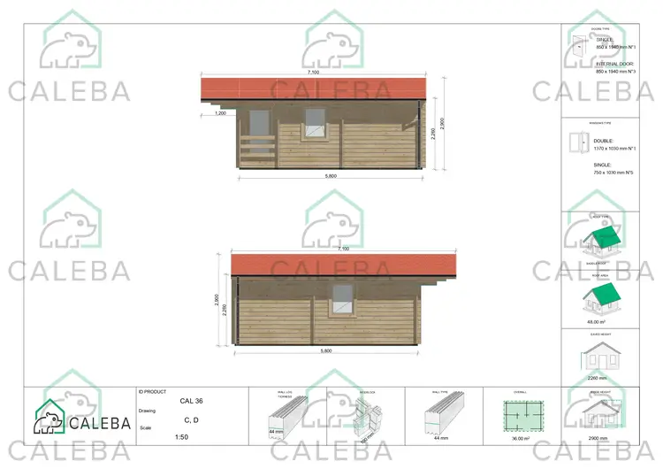 Casa di legno ELBA 36 m², lato C/D